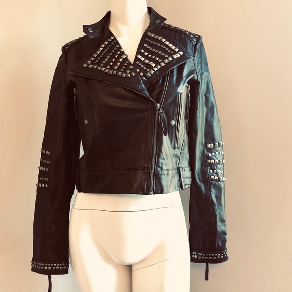 Studded Dark Brown Leather Moto Jacket by Mango-Sz S-EUC - Picture 1 of 8